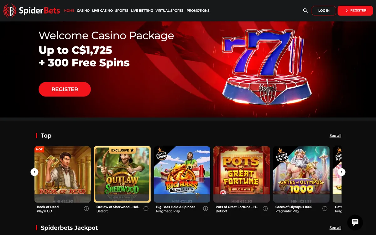 SpiderBets Casino — «Главная», снято из страны Канада