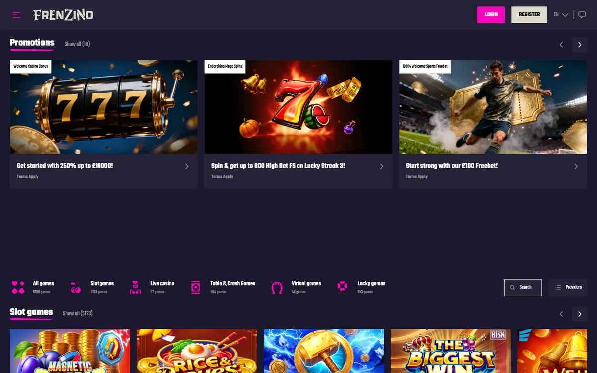 Frenzino Casino — Home page, captured from United Kingdom