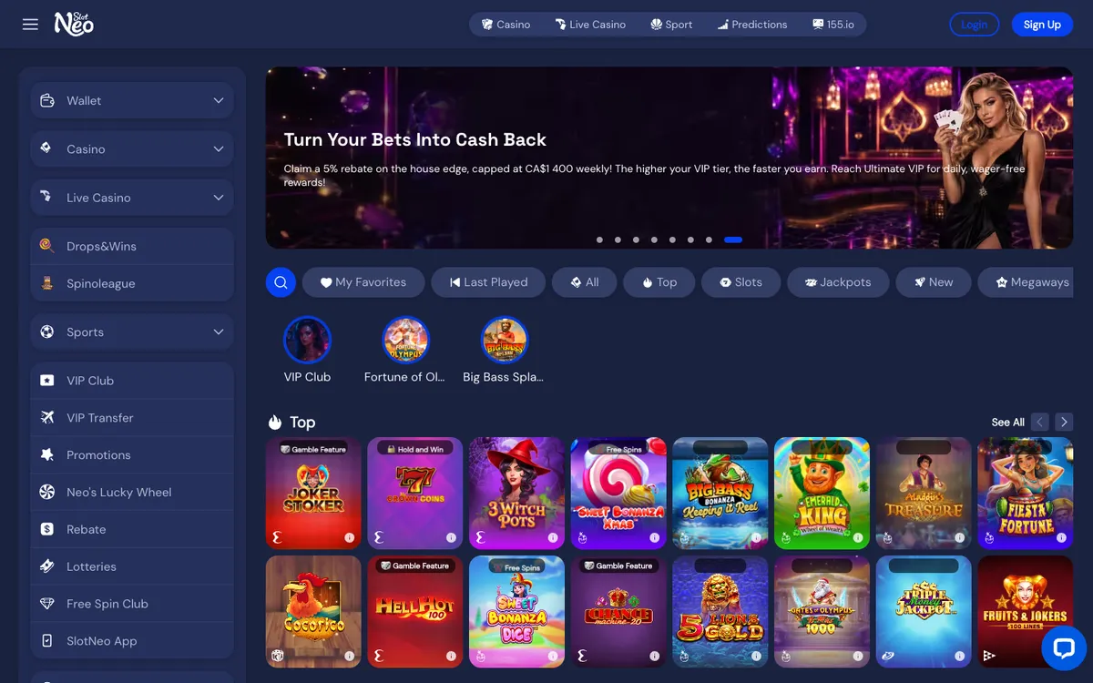 SlotNEO Casino — «Главная», снято из страны Канада