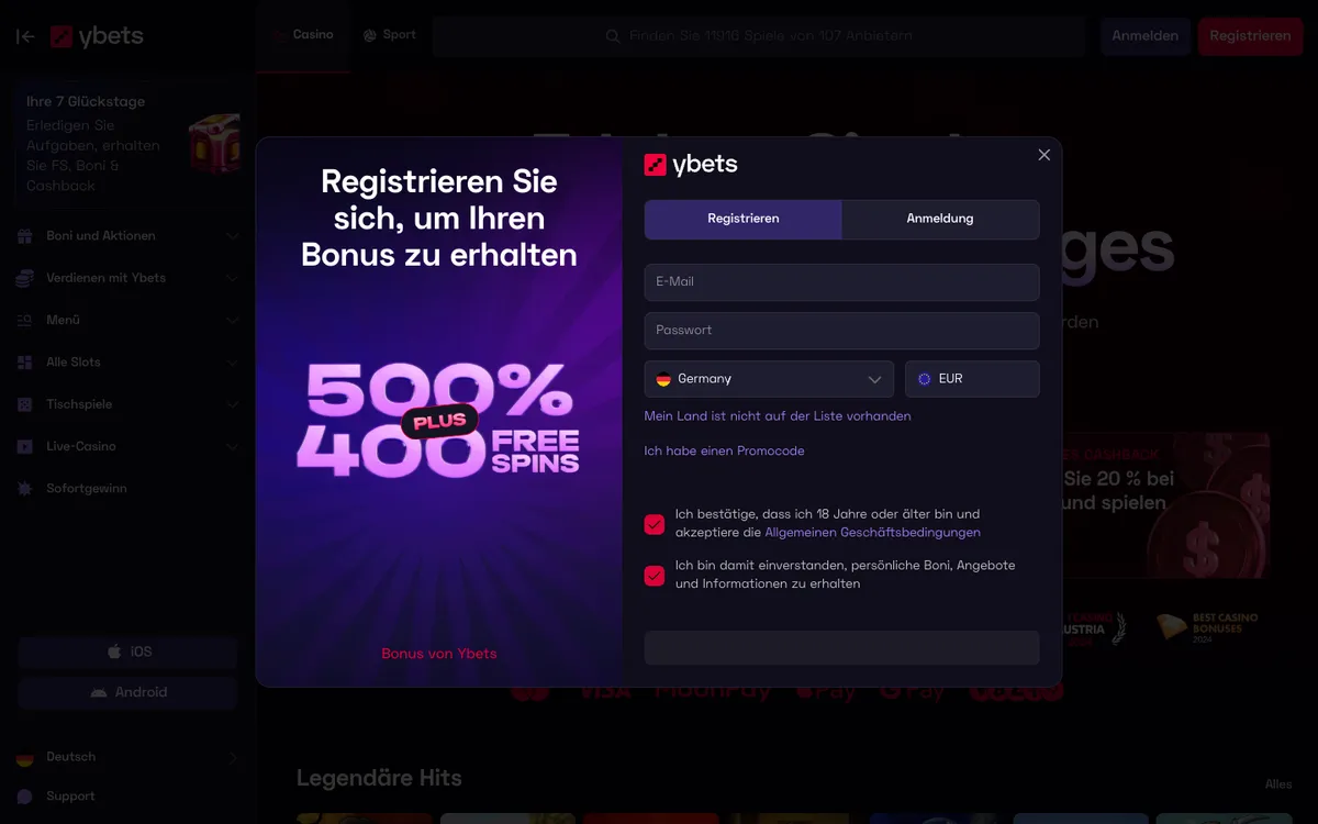 Ybets Casino — Home page, captured from Germany