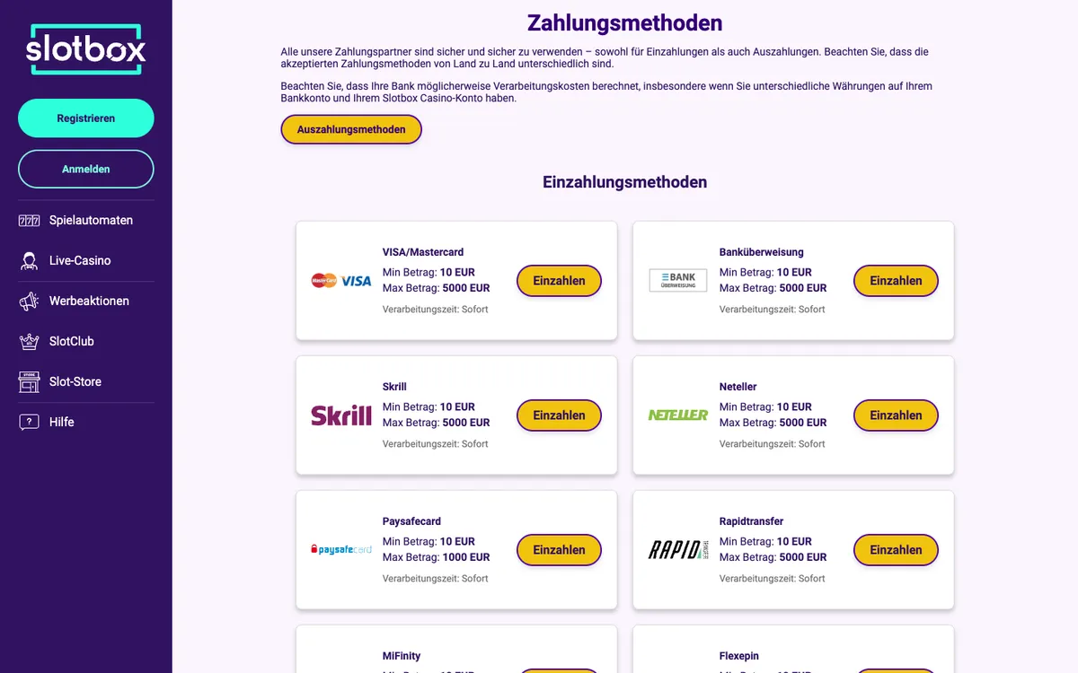 Slotbox Casino — Payments, captured from Austria