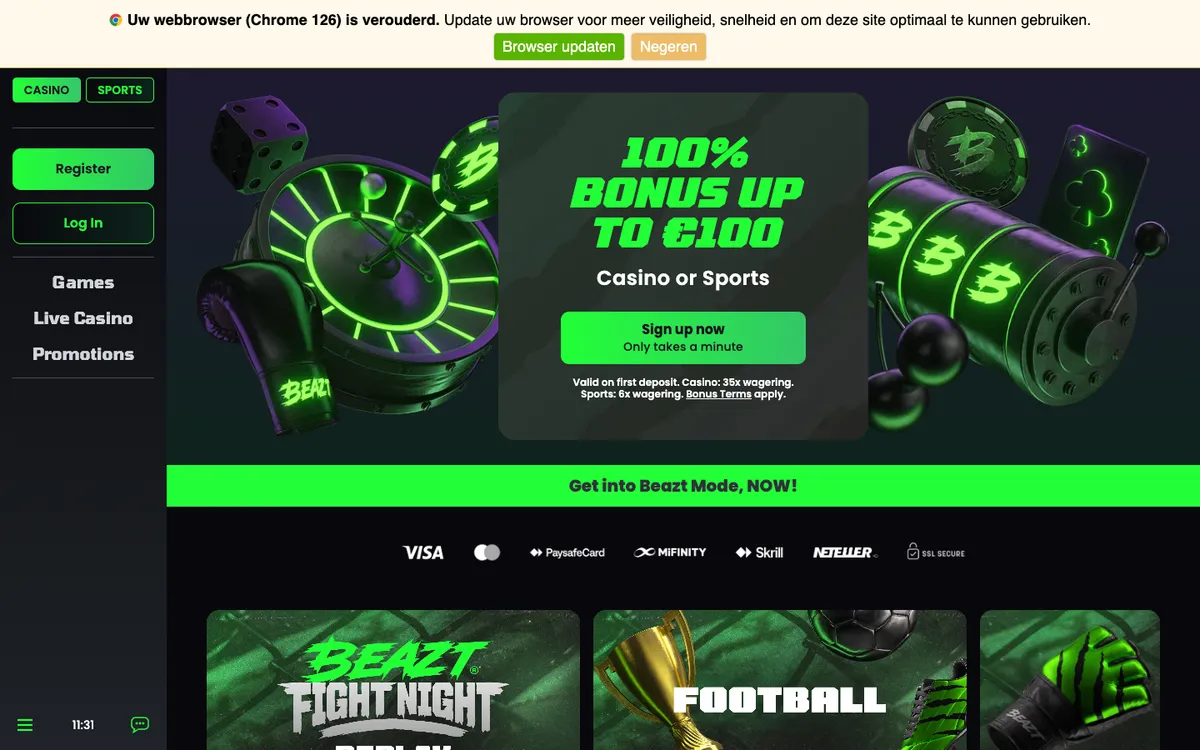 Beazt Casino — Home page, captured from Belgium