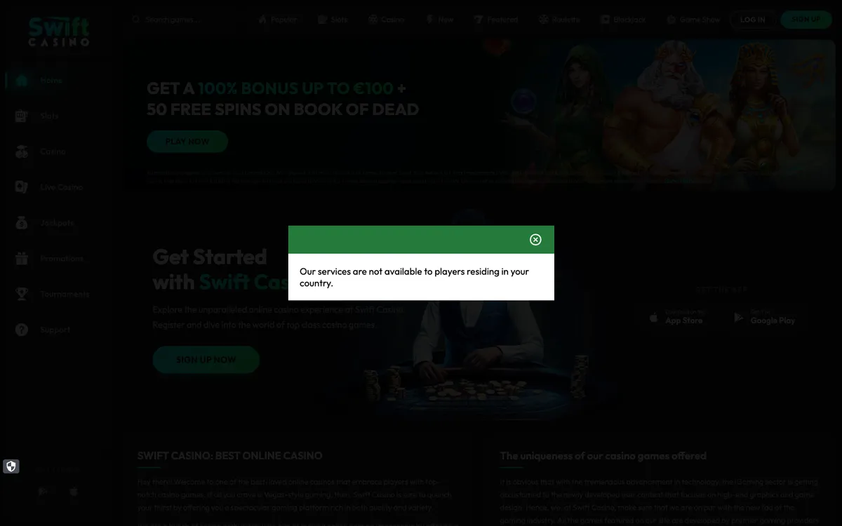 Swift Casino — Sign-up, captured from Switzerland