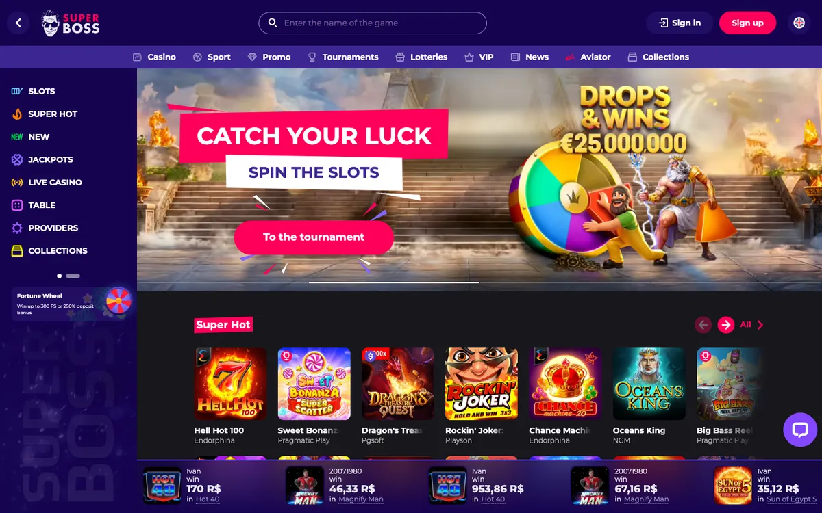 SuperBoss Casino — Home page, captured from Austria