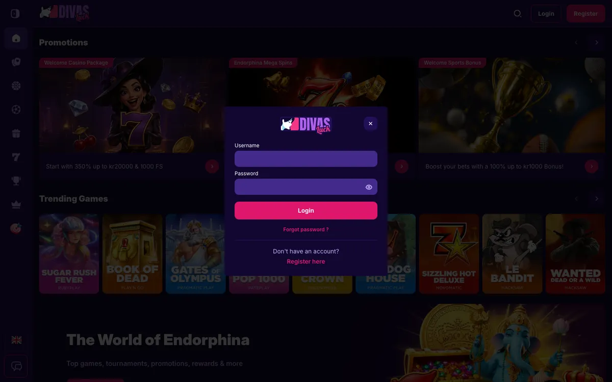 Divas Luck Casino — «Регистрация», снято из страны Норвегия