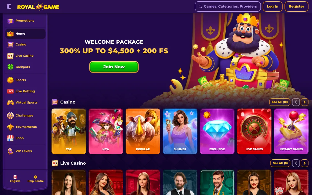 RoyalGame Casino — Home page, captured from Canada
