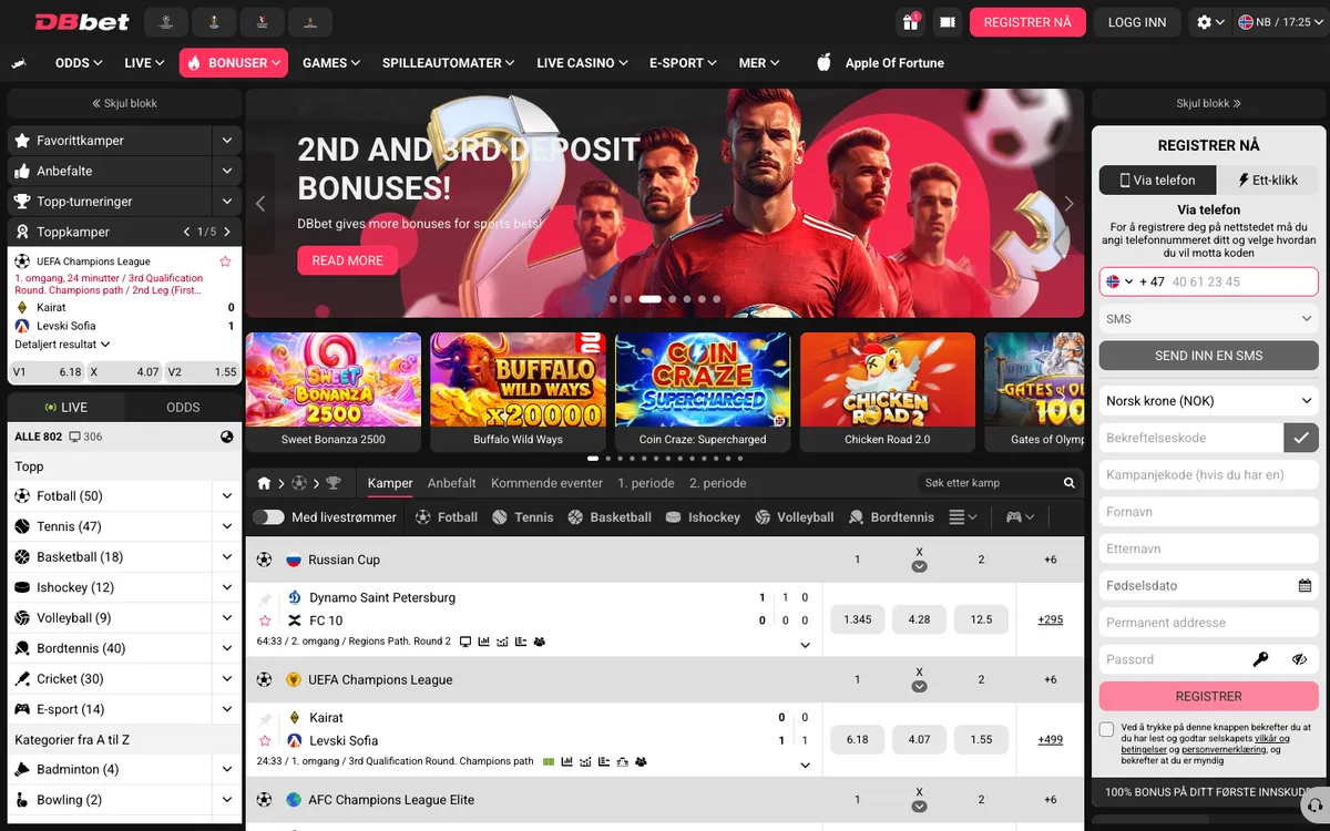 DBbet Casino — Home page, captured from Norway
