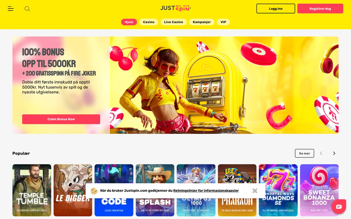 Justspin Casino — «Главная», снято из страны Норвегия