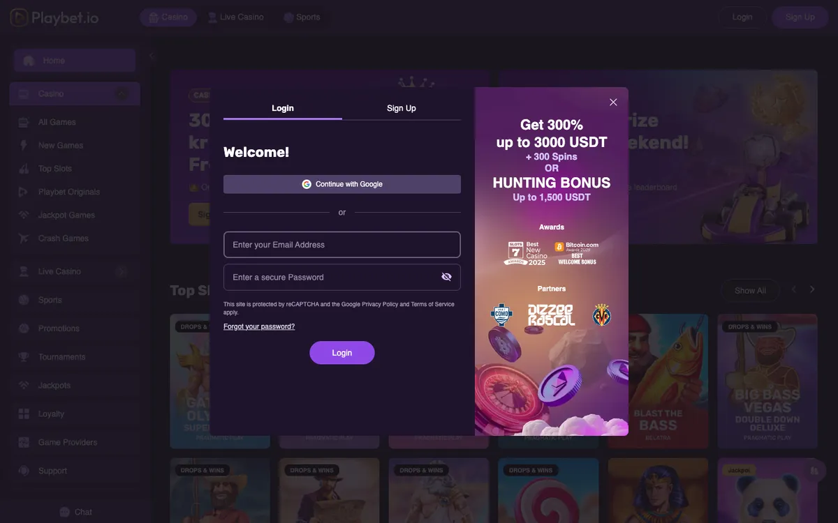 Playbet.io Casino — «Регистрация», снято из страны Норвегия