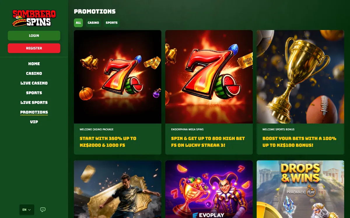 Sombrero Spins Casino — «Акции», снято из страны Новая Зеландия