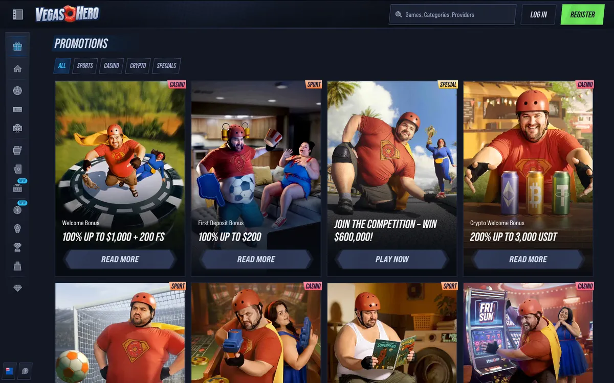 Vegas Hero Casino — Promotions, captured from New Zealand