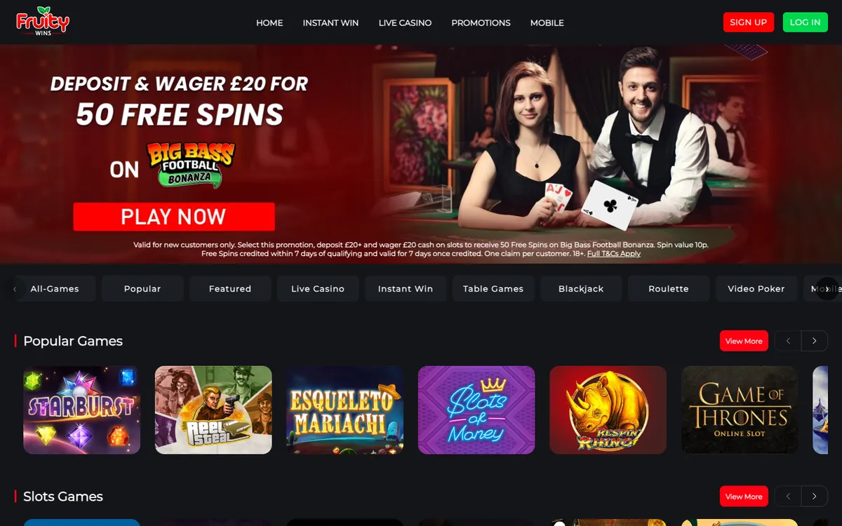 Fruity Wins Casino — Home page, captured from United Kingdom