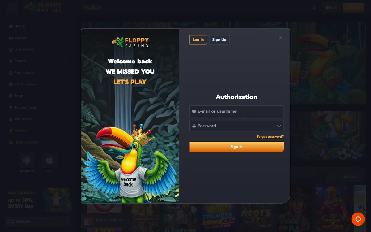 Flappy Casino — «Регистрация», снято из страны Норвегия