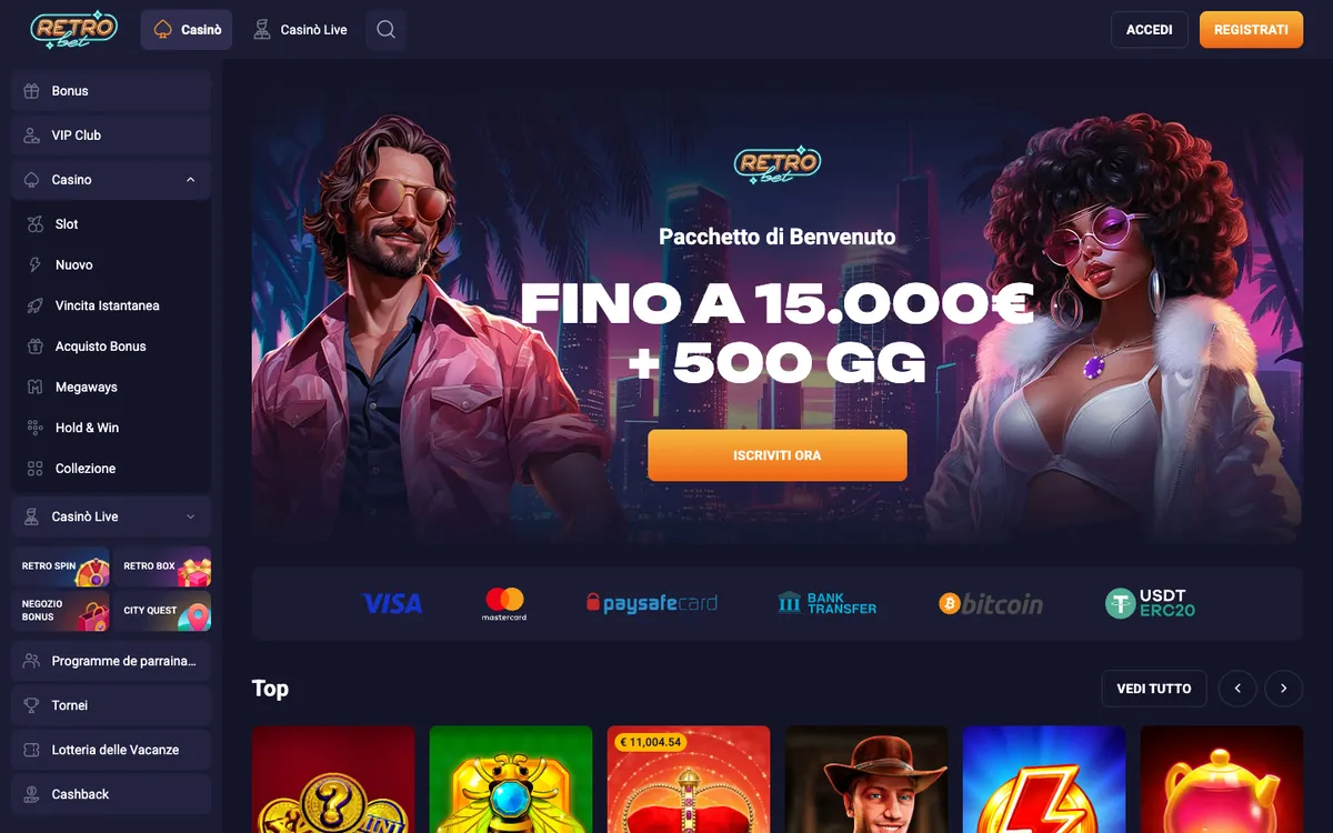 Retro Bet Casino — Home page, captured from Italy