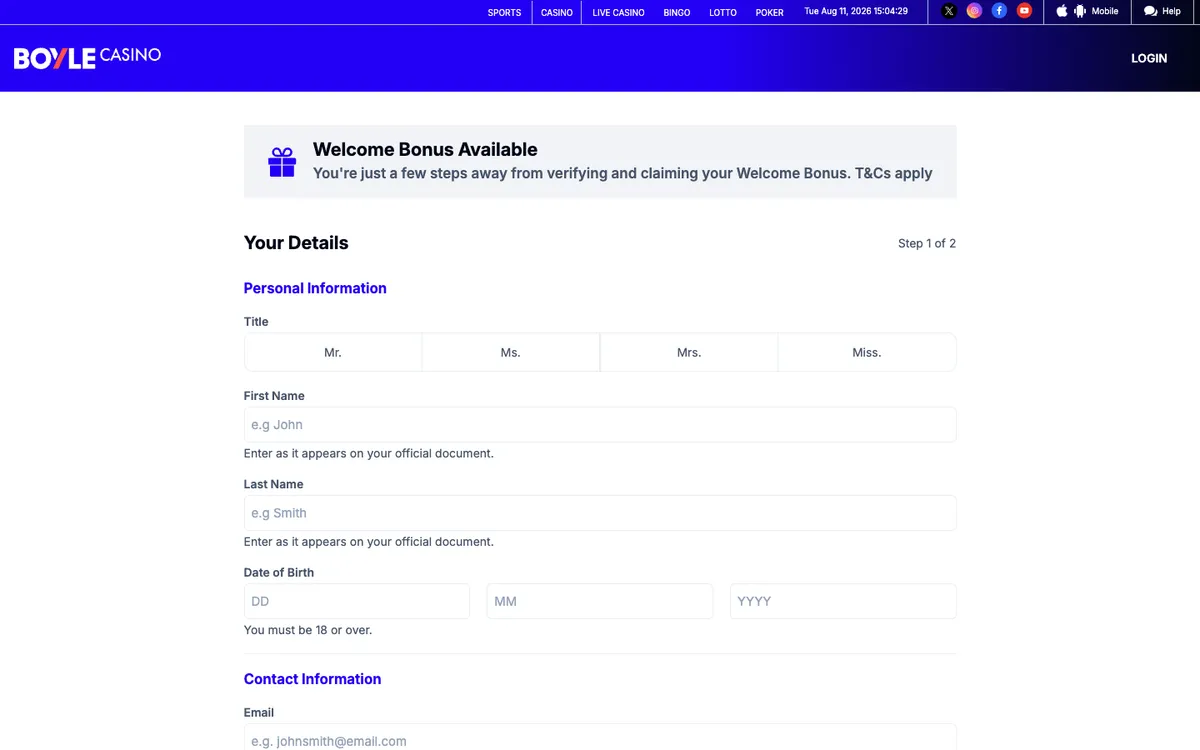 Boyle Casino — Sign-up, captured from United Kingdom
