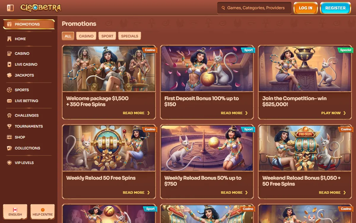 Cleobetra Casino — Promotions, captured from Canada