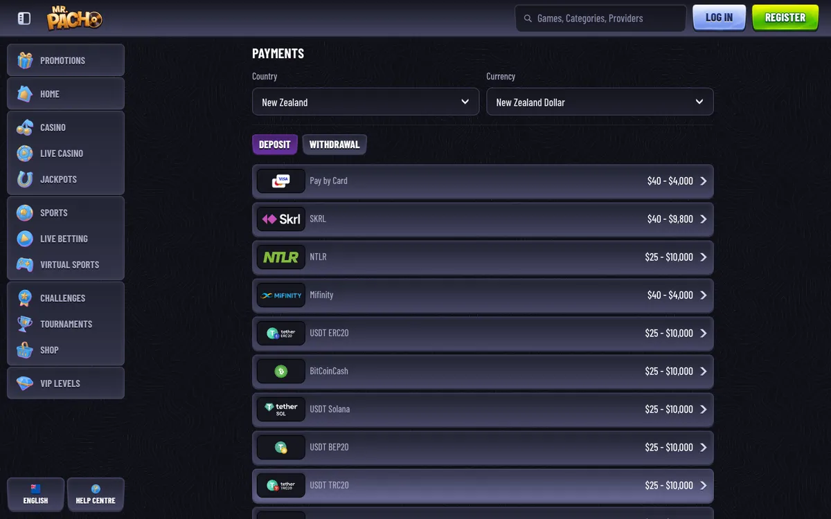 MrPacho Casino — Payments, captured from New Zealand