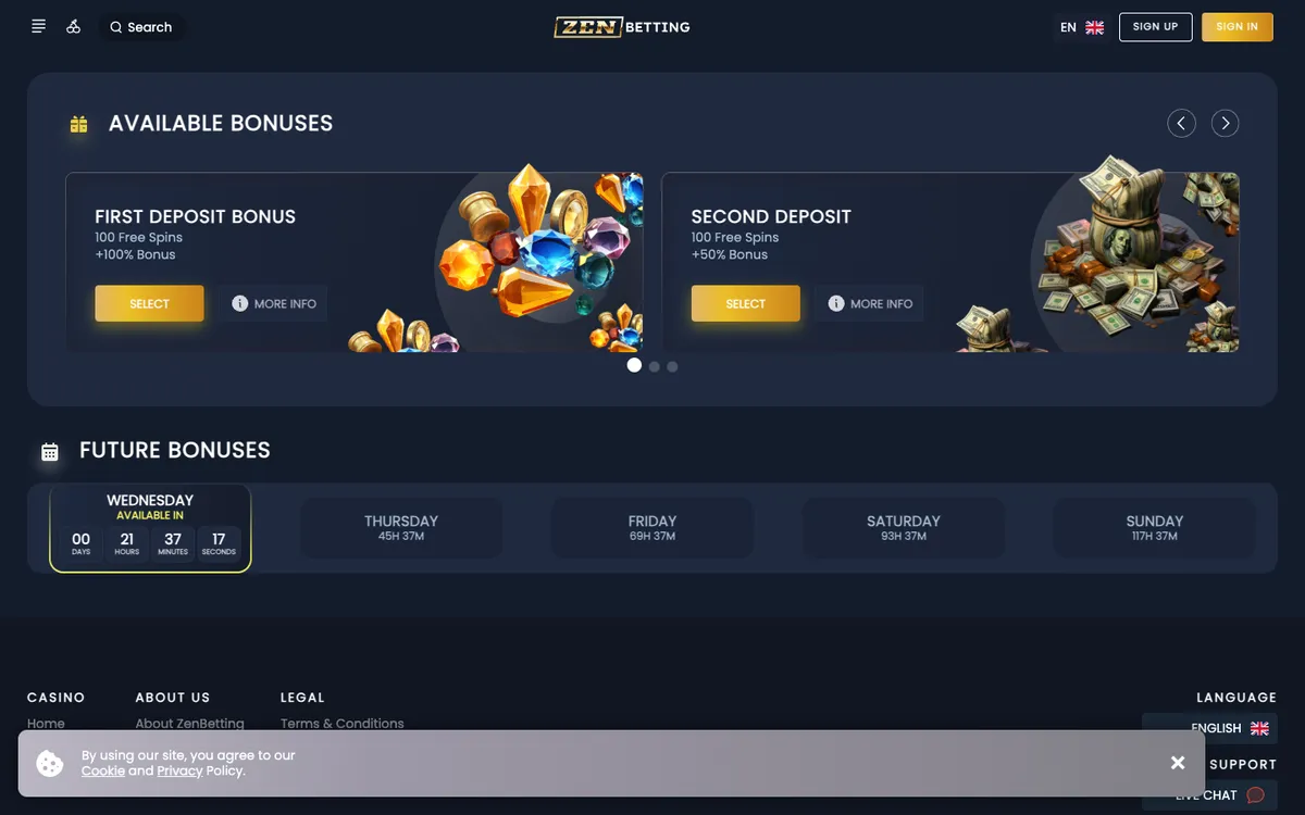 ZenBetting Casino — Promotions, captured from Canada