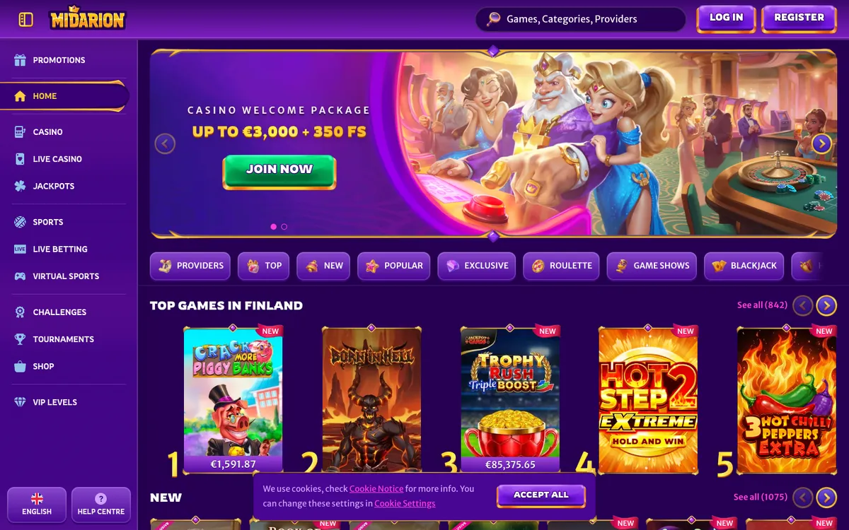 Midarion Casino — «Главная», снято из страны Финляндия