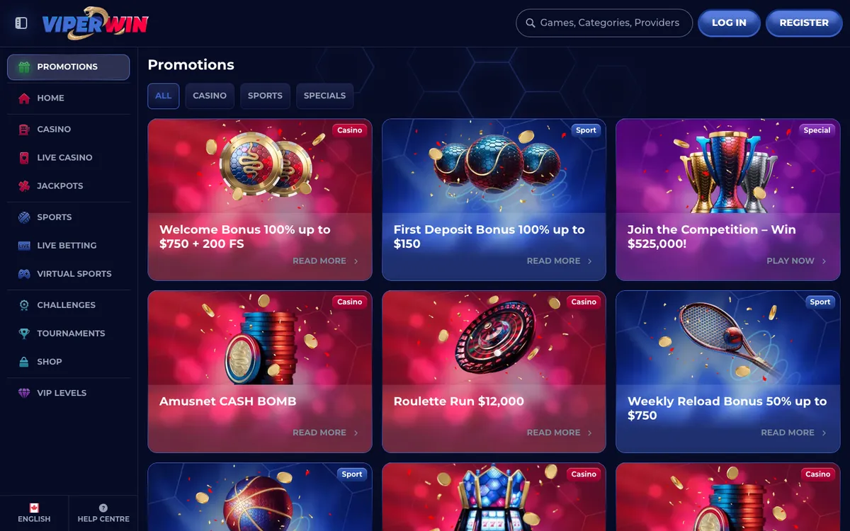ViperWin Casino — Promotions, captured from Canada