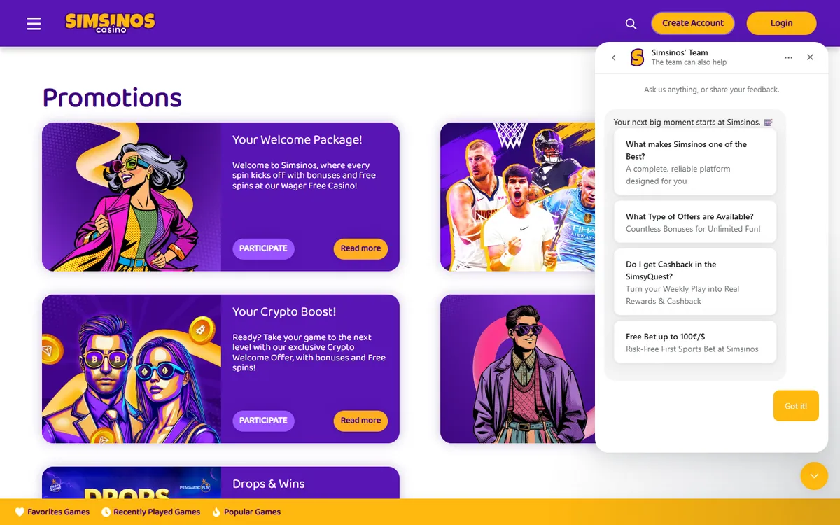 Simsinos Casino — Promotions, captured from Canada