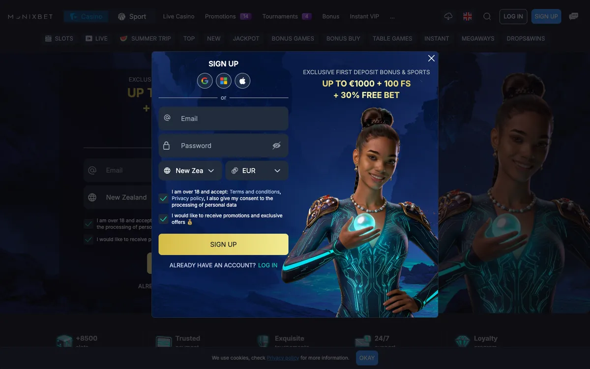 Monixbet Casino — «Регистрация», снято из страны Новая Зеландия