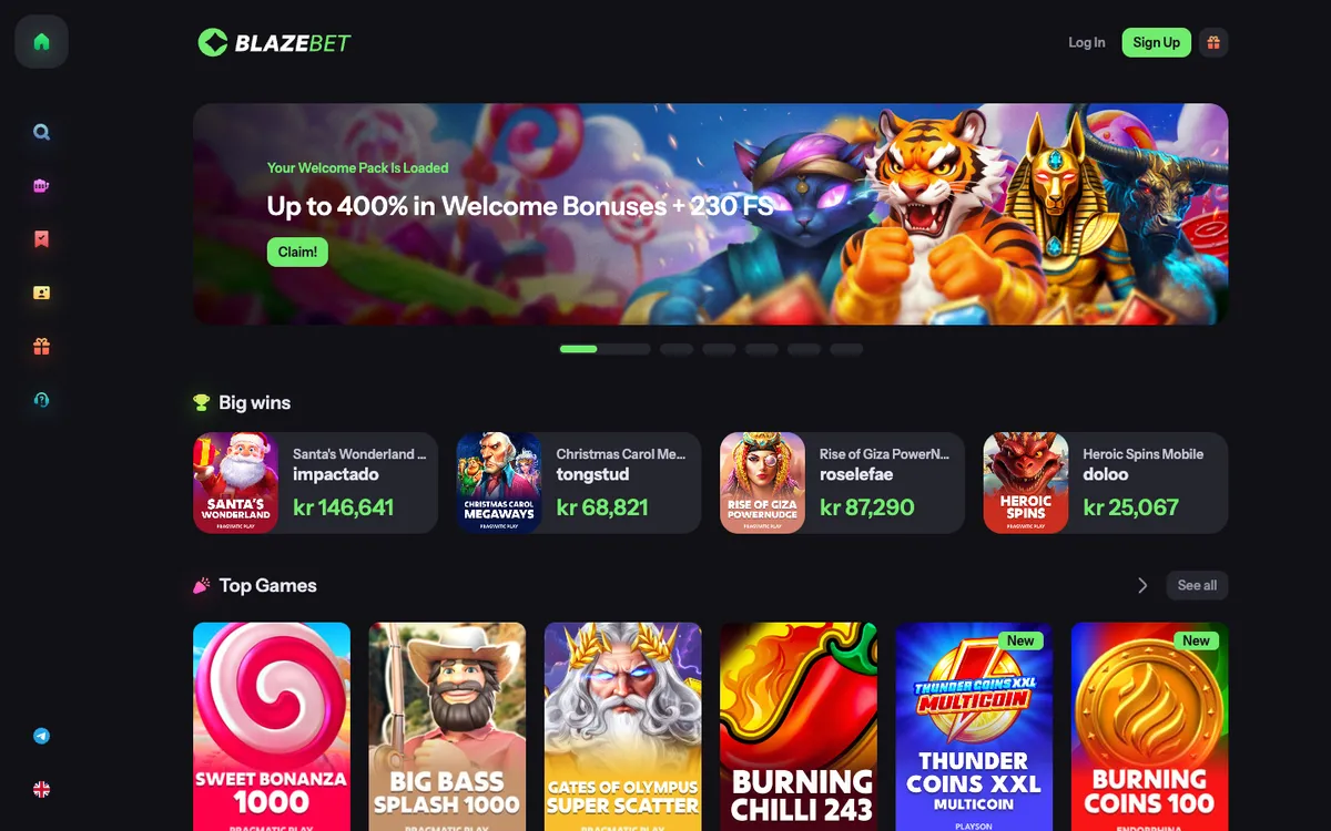 BlazeBet Casino — Home page, captured from Norway