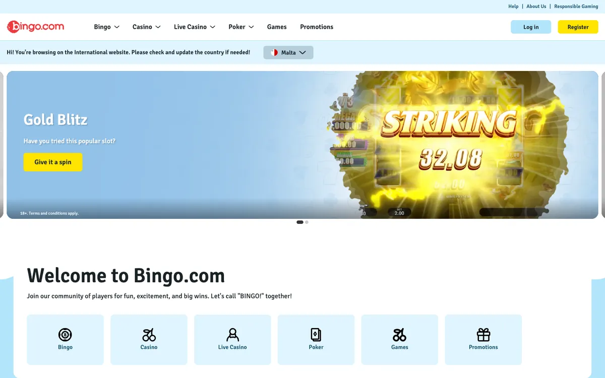 Bingo.com Casino — Home page, captured from Austria