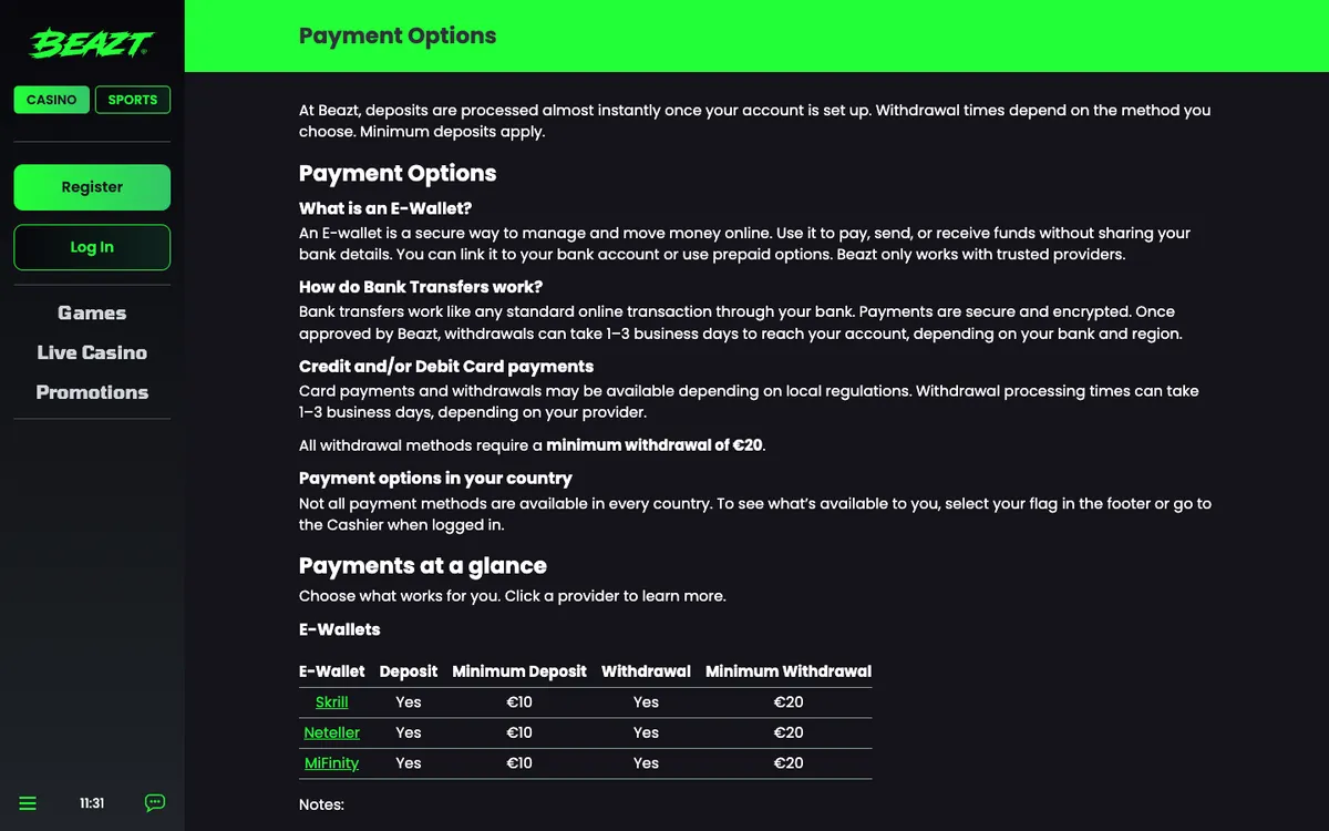 Beazt Casino — Payments, captured from Belgium