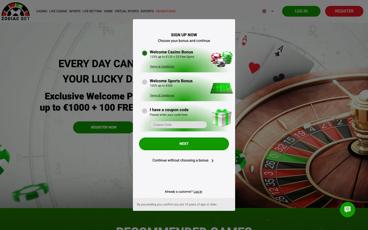 ZodiacBet Casino — Sign-up, captured from South Africa
