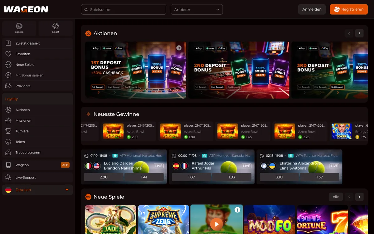 Wageon Casino — Home page, captured from Austria