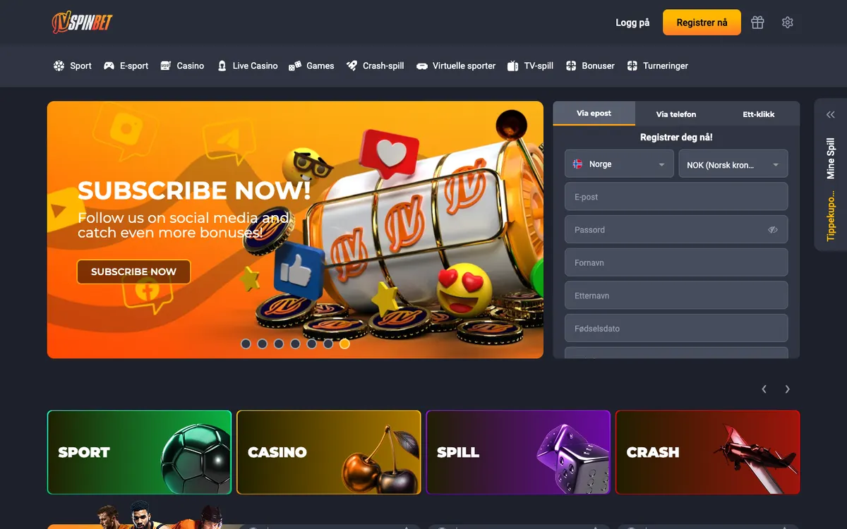 JVSPINBET Casino — Home page, captured from Norway