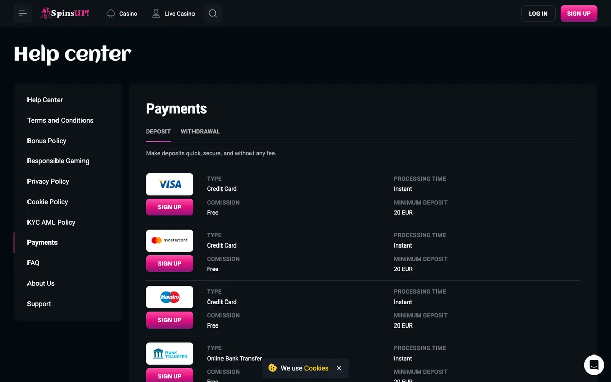 SpinsUP Casino — Payments, captured from South Africa