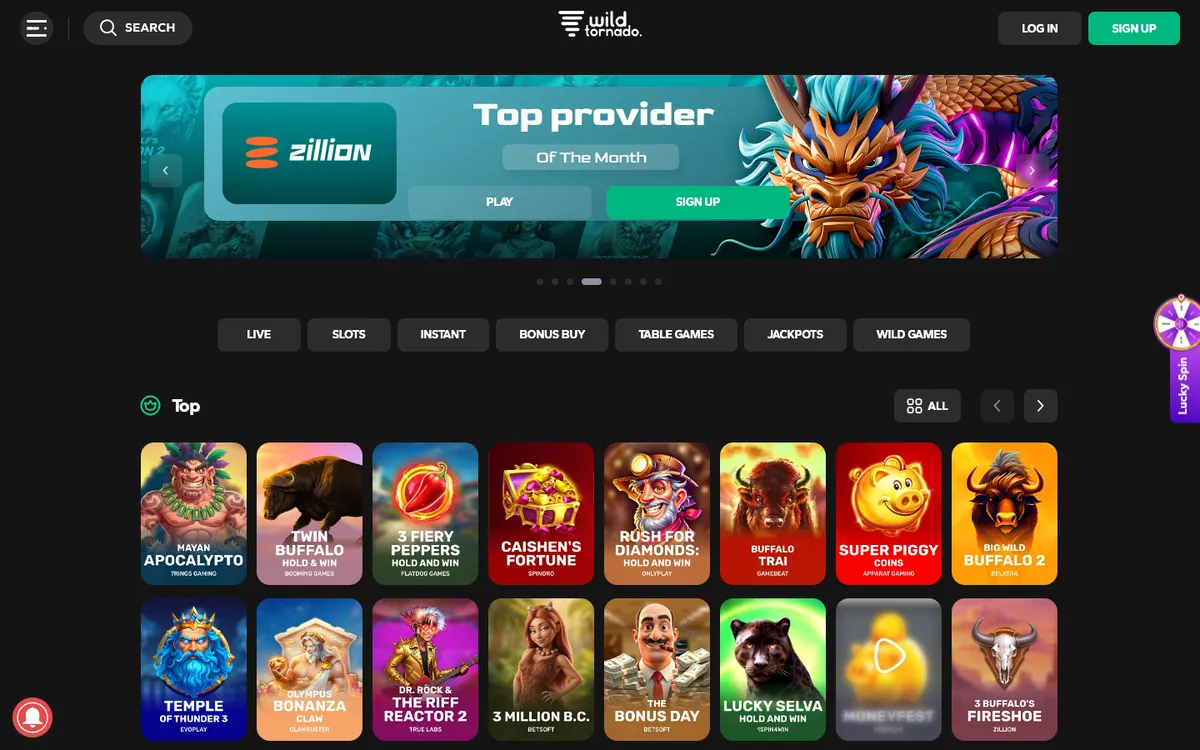 Wild Tornado Casino — Home page, captured from Australia