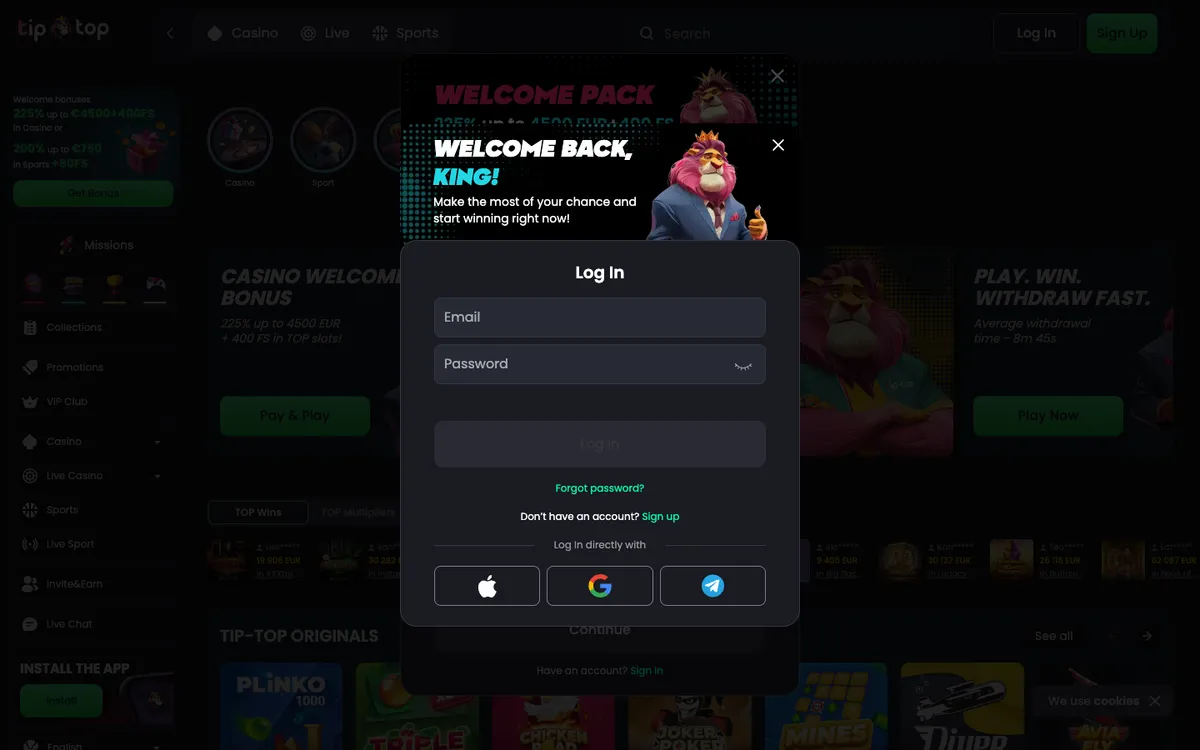 Tip-Top.bet Casino — Sign-up, captured from Austria