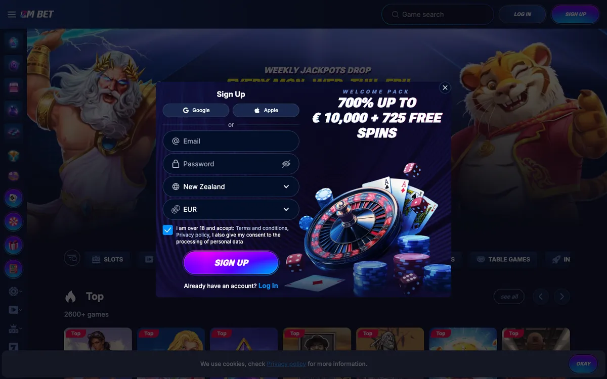 Bm.bet Casino — «Регистрация», снято из страны Новая Зеландия