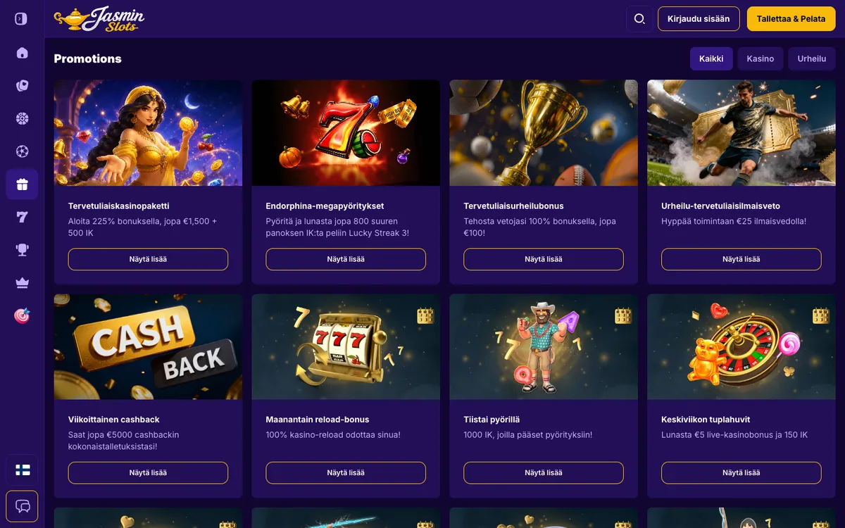 JasminSlots Casino — Promotions, captured from Finland