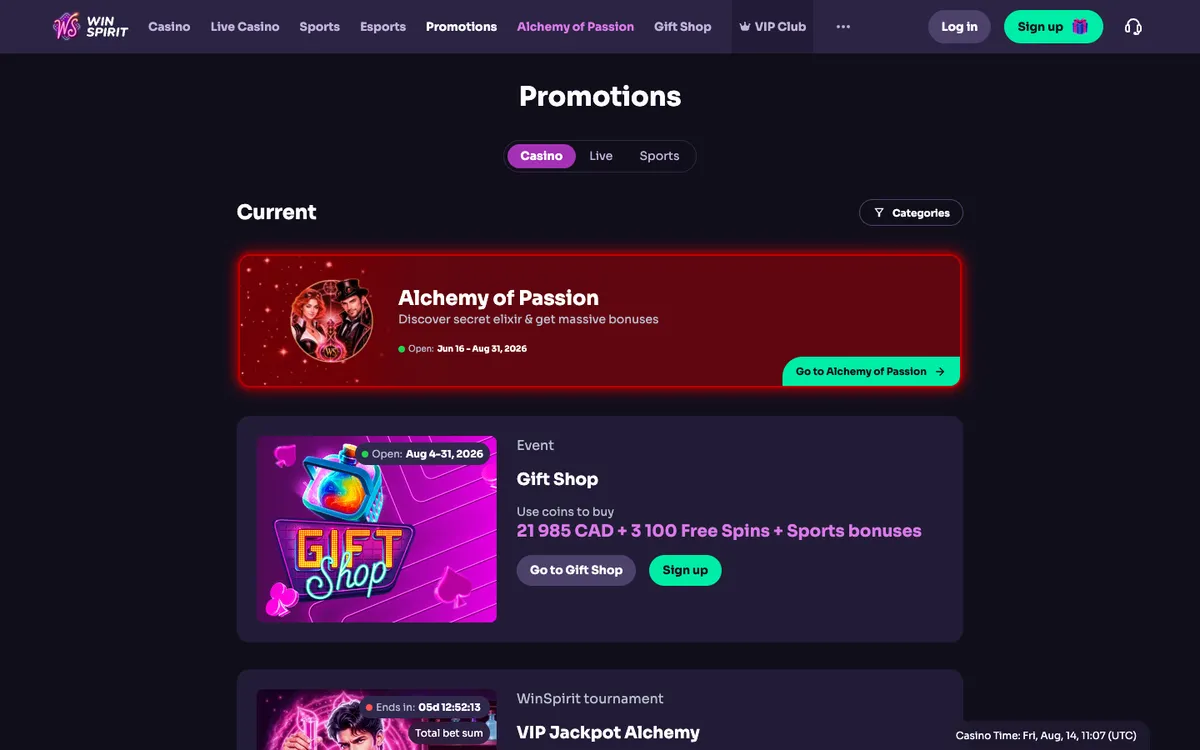 WinSpirit Casino — «Акции», снято из страны Канада