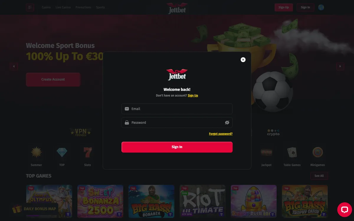 JettBet Casino — Sign-up, captured from Belgium