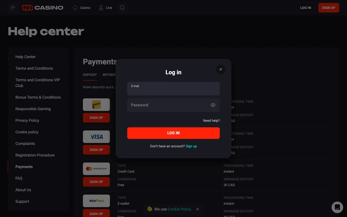 N1 Casino — Sign-up, captured from Canada