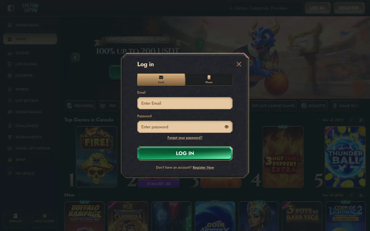 HeroSpin Casino — Sign-up, captured from Canada