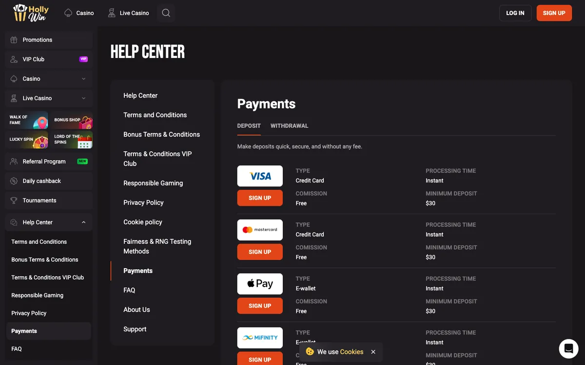 HollyWin Casino — Payments, captured from Australia