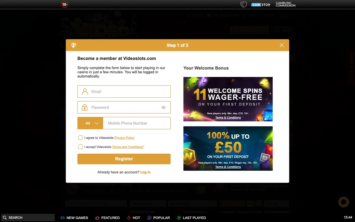 Videoslots Casino — Sign-up, captured from United Kingdom