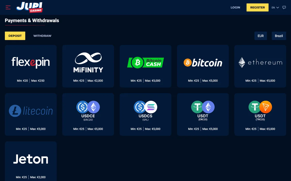 Jupi Casino — Payments, captured from Brazil
