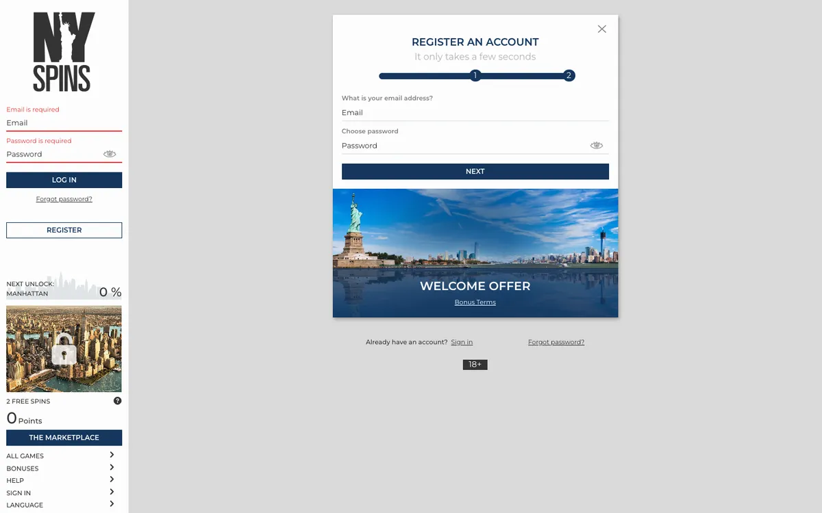 NYSpins Casino — Sign-up, captured from United Kingdom