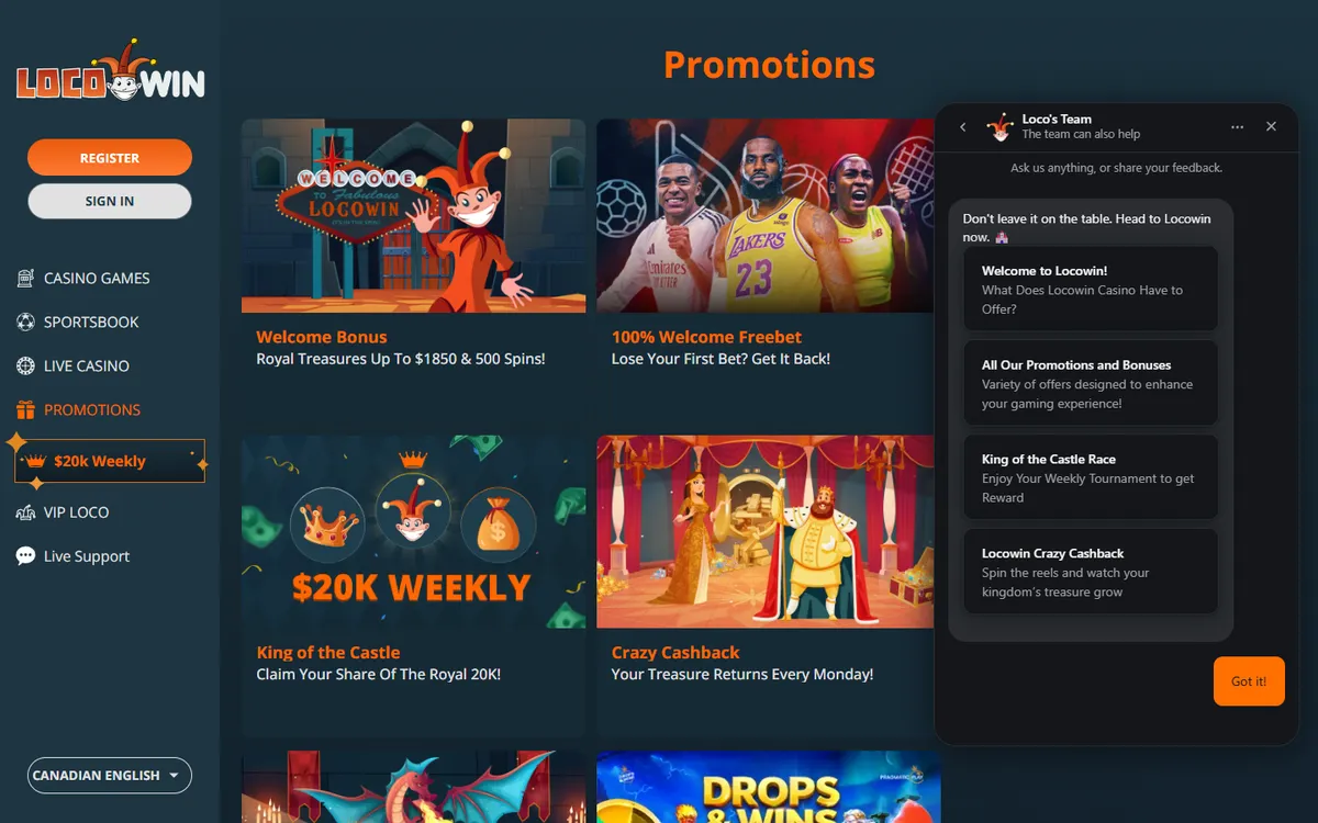 Locowin Casino — «Акции», снято из страны Канада