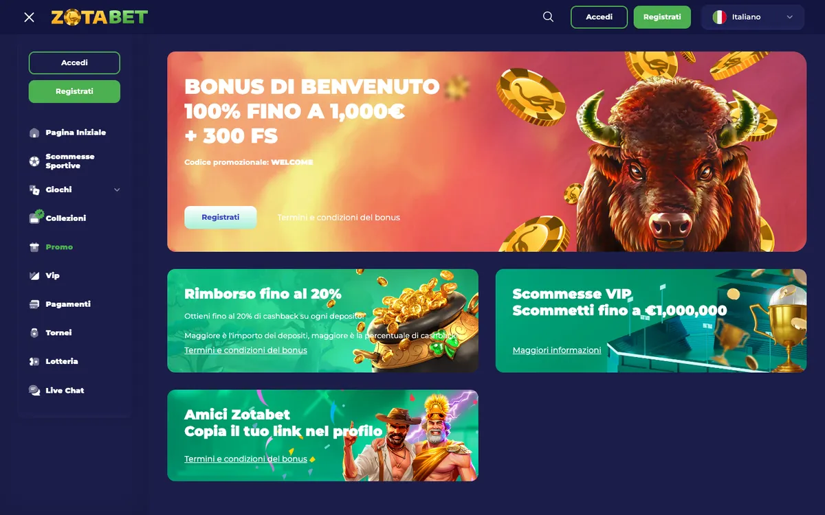 Zotabet Casino — Promotions, captured from Italy