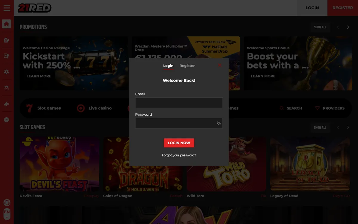 21.red Casino — Sign-up, captured from Austria