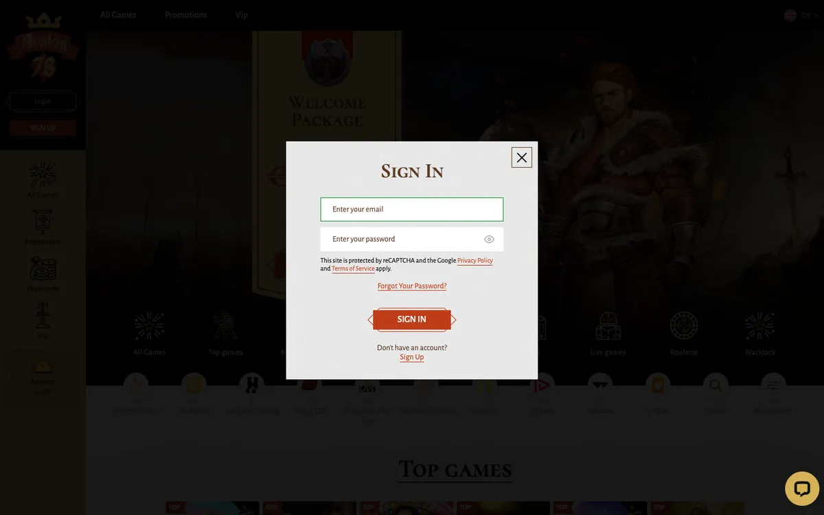 Avalon78 Casino — «Регистрация», снято из страны Новая Зеландия