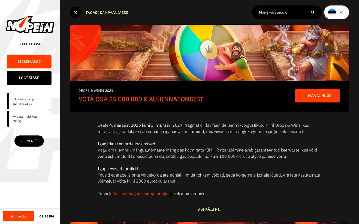 Nopein Casino — Promotions, captured from Estonia